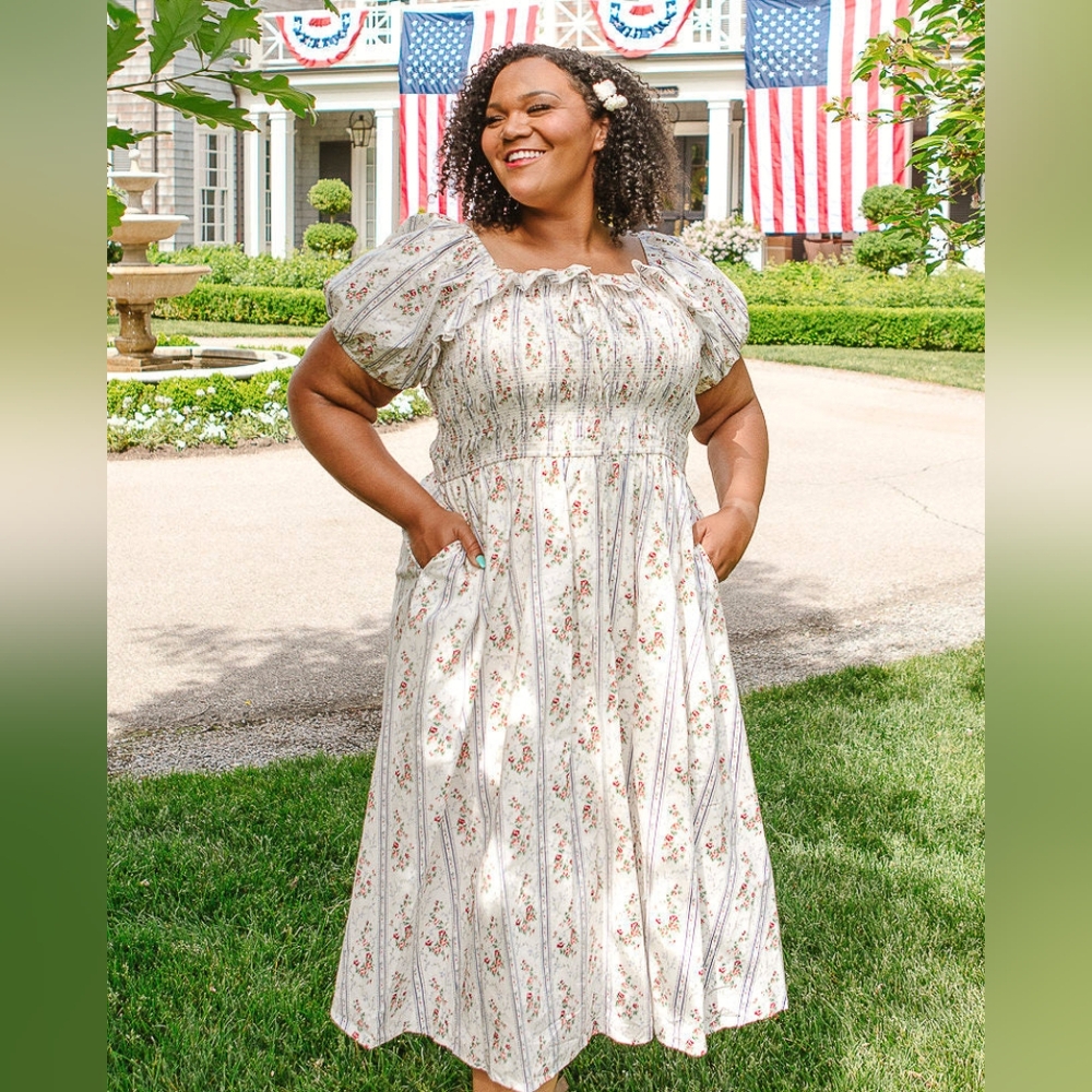 Ivy City Co Cream Floral Puff-Sleeve Midi Dress